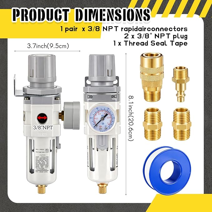 Tuanse Manual Drain 3/8" NPT Compressed Air Filter Regulator Piggyback Combo - Image 2