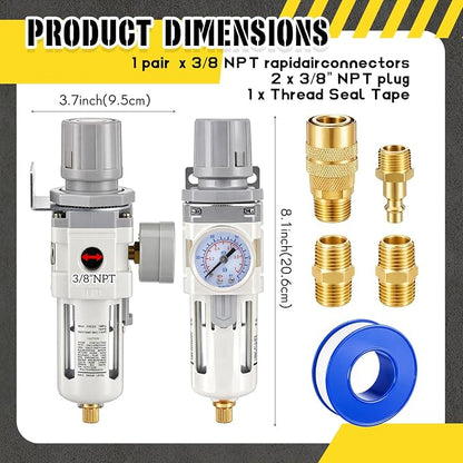 Tuanse Manual Drain 3/8" NPT Compressed Air Filter Regulator Piggyback Combo - Image 2