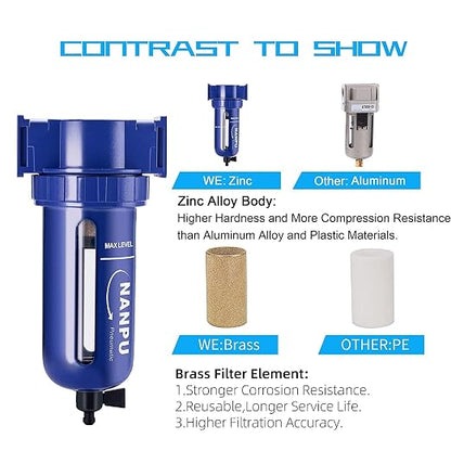 NANPU 1/2" NPT Compressed Air Filter, Zinc Alloy, 5 Micron Brass Element - Image 6