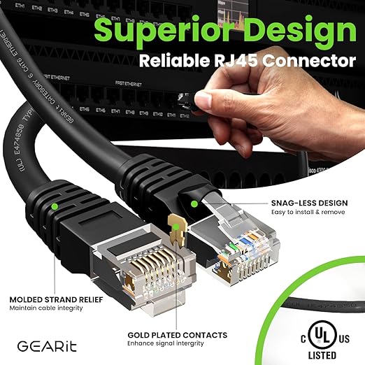GEARit Cat 6 Ethernet Cable Pack - 10-Pack 50 ft Cat6 Ethernet Patch Cables | RJ45 Network Patch Cable, 10 Gbps Snagless Gold-Plated Connectors - Ethernet Cable Cat 6 for PC, TV, Router - Black