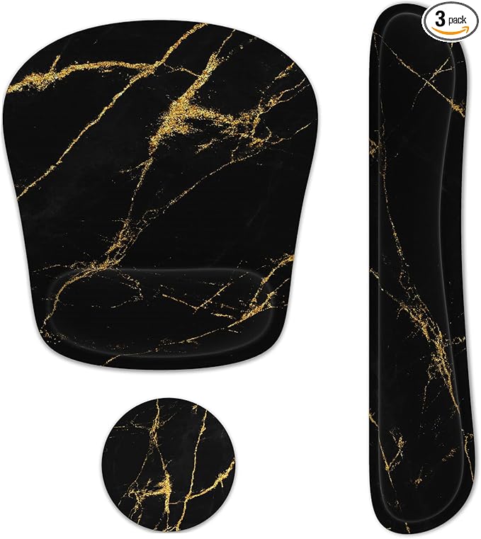 Keyboard Wrist Rest Memory Foam Ergonomic Mouse Pad with Computer Wrist Support Set with Non-Slip Rubber Base Coaster for Home, Office Easy Typing and Pain Relief - Black Marble