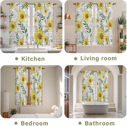 Yellow Daisy Kitchen Curtains, Farmhouse Country Flower Leaf Plant Wood Grain - Image 8