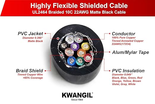 KWANGIL 12C 24AWG AMSB Shielded Cable Wire (UL2464) - Highly Flexible Str TC, PVC Ins, OS+TC BRD, PVC JKT for CNC Machine, Stepper Motor, VFD Spindle (Matte Black 100FT)