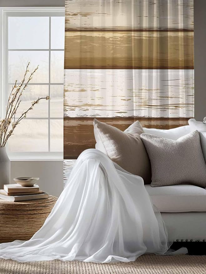 Sheer Curtains 63 Inch Length, Wood Grain Brown Semi Sheer Curtains Light - Image 4