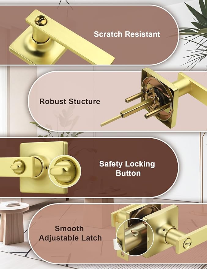 Mengico 4 Pack Gold Privacy Lever Door Handle Interior with Lock, Heavy Duty Square Door Lock for Bed/Bath, Keyless Door Locksets, Reversible for Left Right Handed Doors