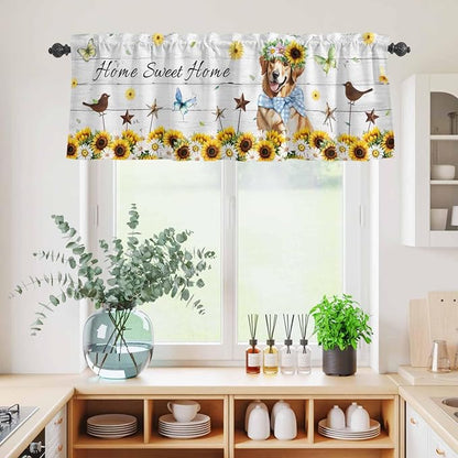Kitchen Curtains Tiers and Valance Set of 3, Sunflowers Dog Light Filtering - Image 4