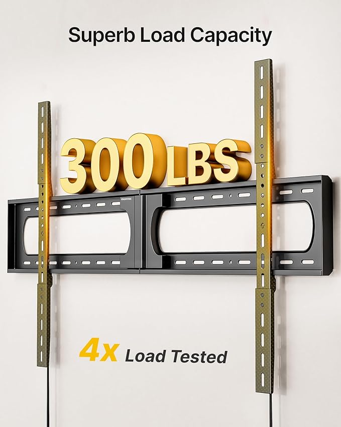 monTEK Heavy Duty XXL Fixed TV Wall Mount for 37–140" Flat & Curved TVs up to 300 lbs, 4× Load Tested, 1.25" Ultra Slim Low Profile Bracket, Fits 16"/18"/24" Wood Studs,VESA 1200×800mm TM1007W-XLF