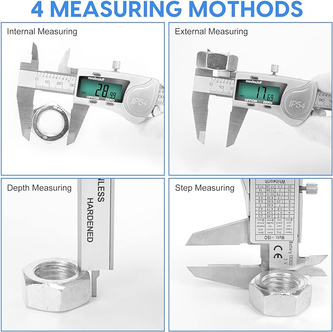 Digital Caliper Measuring Tool, IP54 Waterproof Electronic Micrometer Caliper, Stainlee Steel Vernier Caliper with Large LCD Screen, Inch Metric Fraction Conversion, 6 Inch for Household/DIY