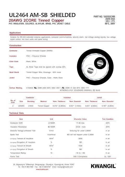 KWANGIL 2C 20AWG AMSB Shielded Cable Wire (UL2464) - Highly Flexible Str TC, PVC Ins, OS+TC BRD, PVC JKT for CNC Machine, Stepper Motor, VFD Spindle (Matte Black 25FT)