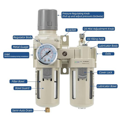 1/2" NPT Air Compressor Oil-Water Separator, Air Pressure Regulator, Compressed - Image 2