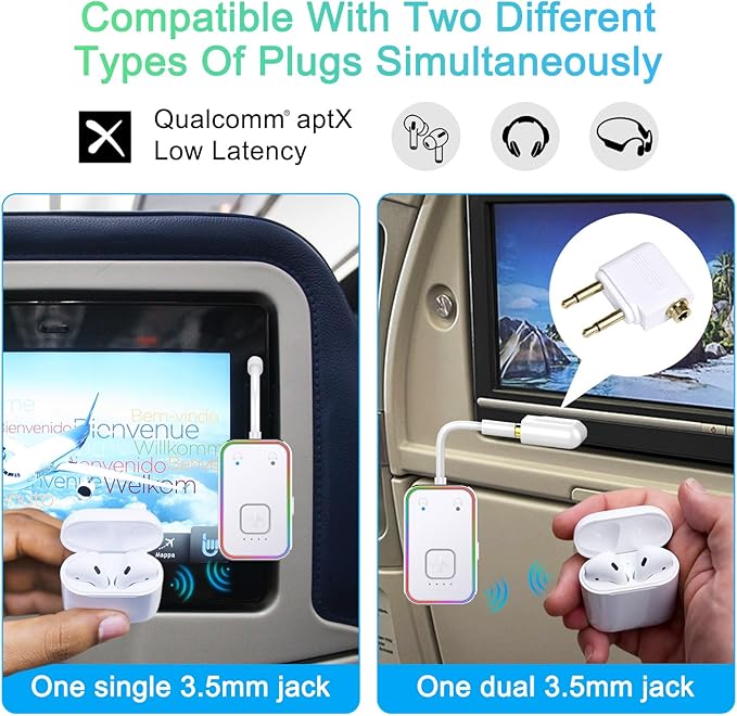 Beeitzie Bluetooth Transmitter for Airplane,Bluetooth V5.4 Transmitter for 2 Airpods/Headphones Dual Pairs.Wireless Transmitter for in-Flight/TV/Gym,with AptX LL,Metal Frame