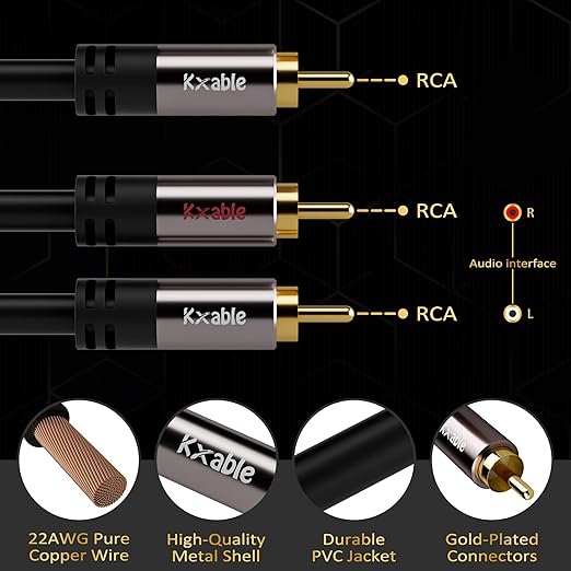 RCA Y-Adapter Splitter Cable (2 Pack-8FT+8FT), 1 RCA Male to 2 RCA Male Stereo Audio Subwoofer Cable, Bi-Directional, for Home Theater, Hi-Fi System, Amplifier, Speaker, 24K Gold Plated, OD:5.0MM