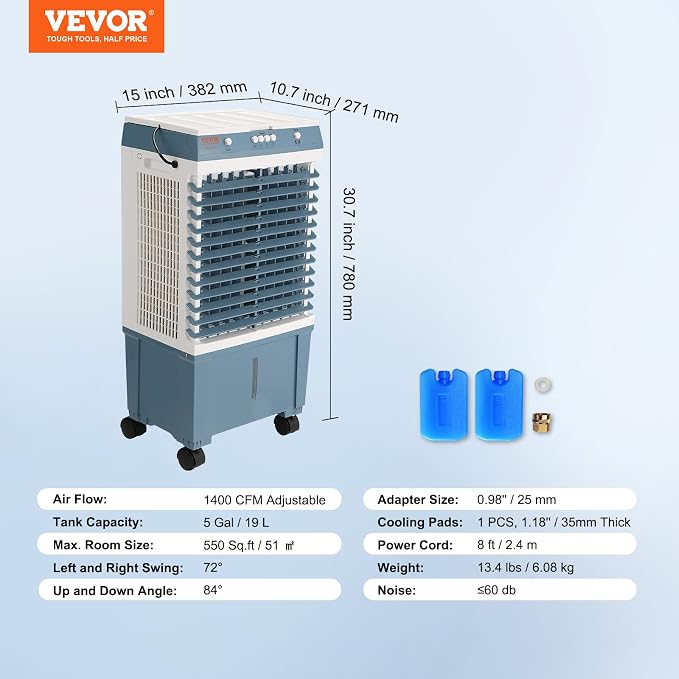 VEVOR Evaporative Air Cooler, 1400 CFM 11X31 inch Air Cooler, 3 Speeds Cooler - Image 7