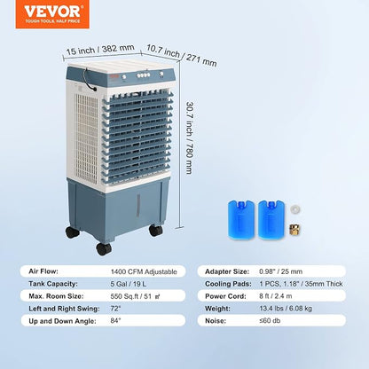 VEVOR Evaporative Air Cooler, 1400 CFM 11X31 inch Air Cooler, 3 Speeds Cooler - Image 7