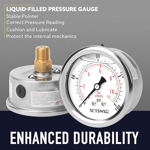 2-1/2" Dial Size, 0-160 Psi Pressure Gauge, Glycerin Liquid Filled, 1/4" NPT - Image 3