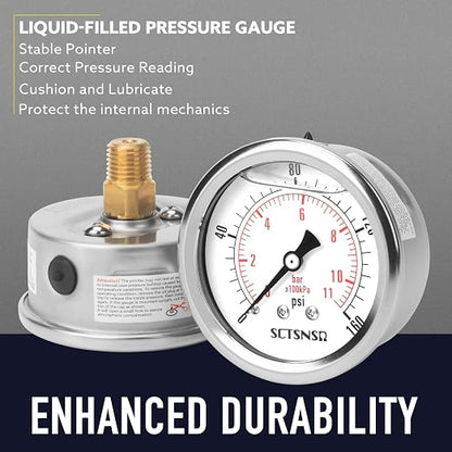 2-1/2" Dial Size, 0-160 Psi Pressure Gauge, Glycerin Liquid Filled, 1/4" NPT - Image 3