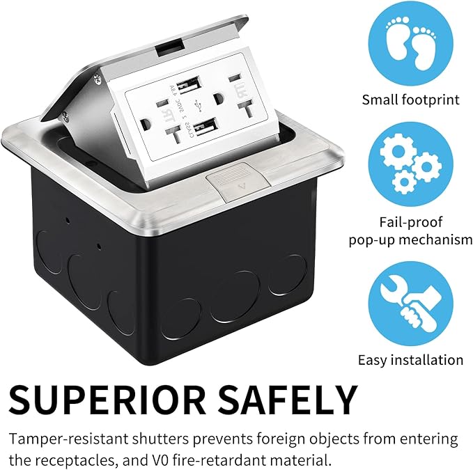Vagueior Recessed Floor Electrical Outlet Kit,Waterproof Electrical Outlet Covcer Box,Hidden 4.8A USB+20A Tamper-Resistant Receptacle Outlet with Slow Damping ，ETL Certified,Stainless Steel(1 Pack)