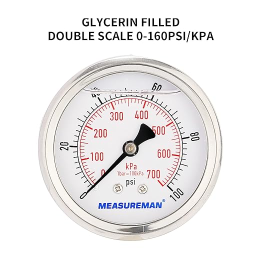 MEASUREMAN 2-1/2inch Dial Size, Glycerin Filled Pressure Gauge, 0-100psi/kpa - Image 3