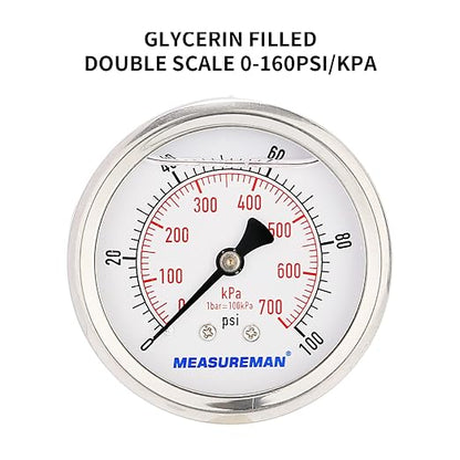MEASUREMAN 2-1/2inch Dial Size, Glycerin Filled Pressure Gauge, 0-100psi/kpa - Image 3