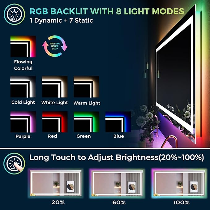 YEELAIT 55x36 Inch RGB LED Bathroom Mirror Front Light and RGB Backlit Lighted Vanity Mirror for Bathroom Wall Mounted Dimmable Anti Fog Memory Shatter-Proof IP54 Waterproof Horizontal/Vertical