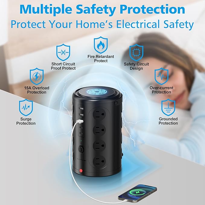 Surge Protector Power Strip - Desk Charging Station with 15W Wireless Charger, Multiple Outlets Charging Station with 16 2300J AC Outlets & 5 USB (2 USB C) Port, for Home, Office, Dorm Room