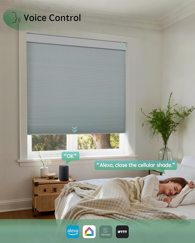 Yoolax Smart Blinds, Motorized Cellular Shades Compatible with Alexa, Blackout Electric Blinds with Remote for Indoor Windows, Automatic Energy Saving Honeycomb Shades, White, 32" W x 72" H