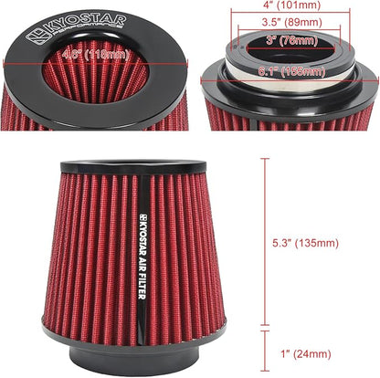 KYOSTAR Universal 3/3.5/4" High-Flow Air Filter, Reusable Cone Cold Air Intake - Image 2