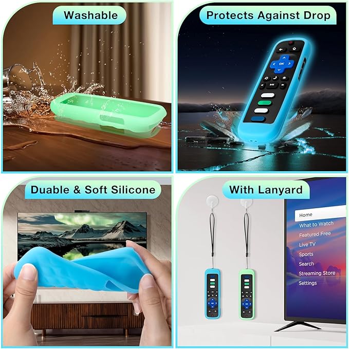 (2PC) Cover-Case-for-Roku-Remote, Glow-in-The-Dark Silicone Protective Sleeve Skin for Roku TV/Stick/Player Remote (Green/Blue)