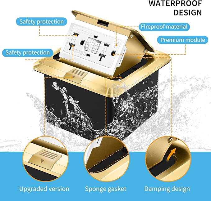 Vagueior Recessed Floor Electrical Outlet Kit,Waterproof Electrical Outlet Covcer Box,Hidden GFCI Outlet+20A Tamper-Resistant Receptacle Outlet with Slow Elastic Damping，ETL Certified，Gold(2 Pack)