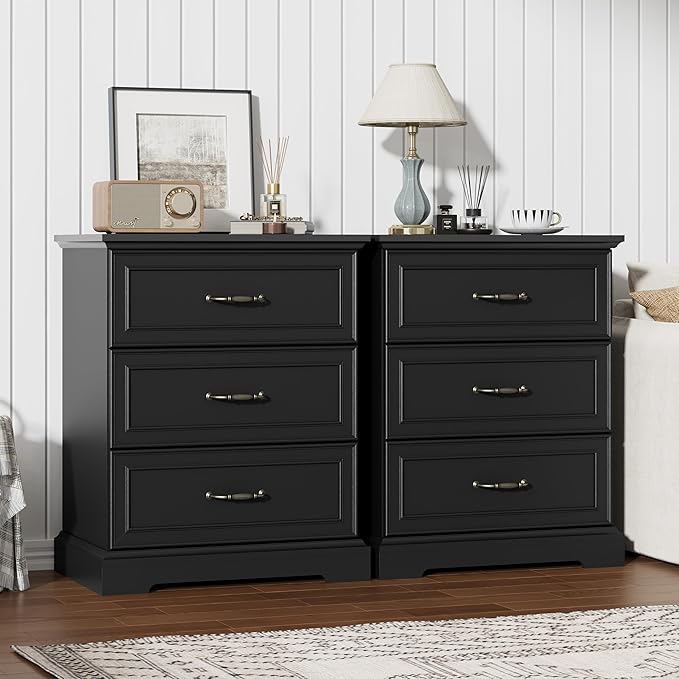 Nightstand Set of 2,24" Wide End Table with 3 Large Drawers & Metal Handles,Rustic Farmhouse Wood Small Dresser,Bedside Table,Modern Chest of Drawers for Bedroom,Living Room,Black