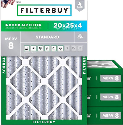 Filterbuy 20x25x4 Air Filter MERV 8 Essential Dust & Allergy Defense, by Filterbuy