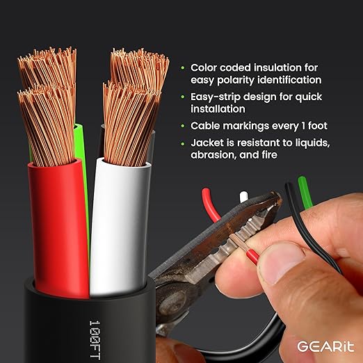 GEARit Outdoor Speaker Wire CL3 Rated, 12 Gauge Speaker Wire, Speaker Cable 250 ft for Outdoor Speakers, Patio, Garden, Backyard Audio, Direct Burial in Ground/in Wall, OFC (Black, 4-Conductors)