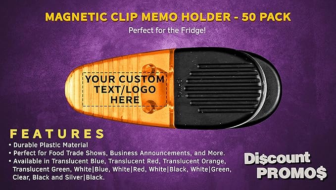 50 Magnetic Memo Holders Set - Customizable Text, Logo - Large Clip, Plastic - Orange