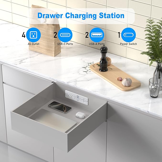 65W USB C Recessed Power Strip, Flush Mount Desktop Recessed Outlet with 4AC & 2 PD GaN USB C & 2 USB-A Ports, Furniture Hidden Drawer Fast Charging Station for Home Office