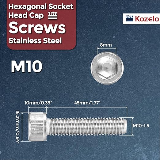 Kozelo 4pcs Socket Head Cap Screws - [M10-1.5 x 45mm] 304 Stainless Steel Allen Socket Drive for Electrical Motor 3D Printing Fan Engine Replacement Use, Silver