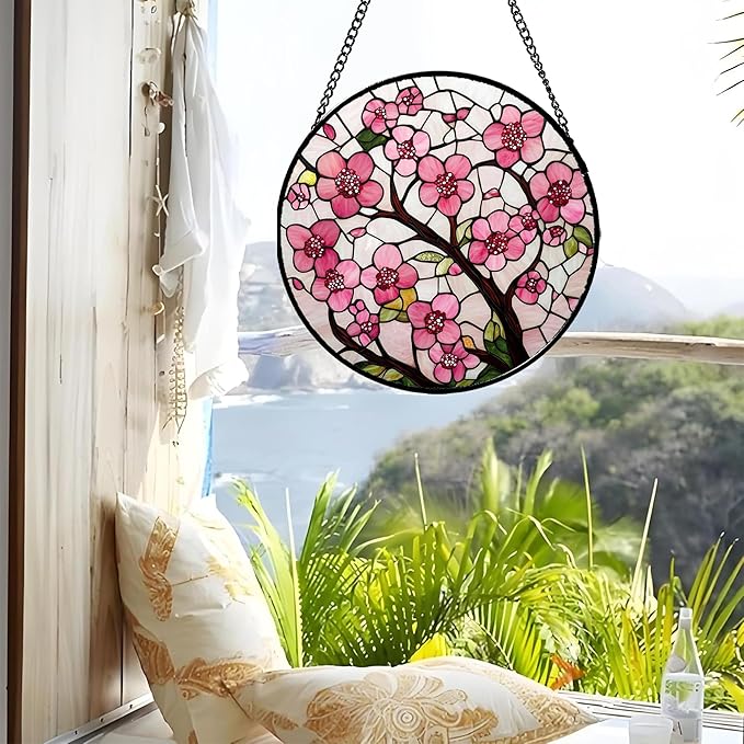 CRISGIF Stained Glass Window Hanging - Cherry Blossoms Birth Flower Suncatcher for Door Garden Patio Sun Catchers Decor Christmas Mother's Day Birthday Gifts for Women Mom Nana Friend Wife 11.8 in