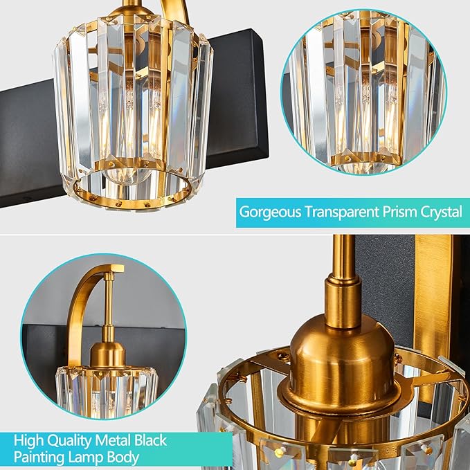 FDPBY Modern Bathroom Vanity Light, 4-Light Black Gold Wall Sconce with Crystal Accents, Over Mirror Bathroom Lighting Fixture, 32.67" Long Dimmable Vanity Lamp for Makeup, Easy Installation