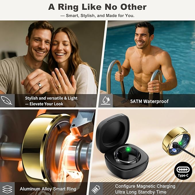 RIFESI Smart Ring for Women Men, Fashion Minimalist Fitness Ring & Sleep Tracker Ring with Heart Rate, SPO₂,Blood Pressure,5ATM Waterproof Health Ring, No Subscription,Gifts for Women (Size 11,Gold)