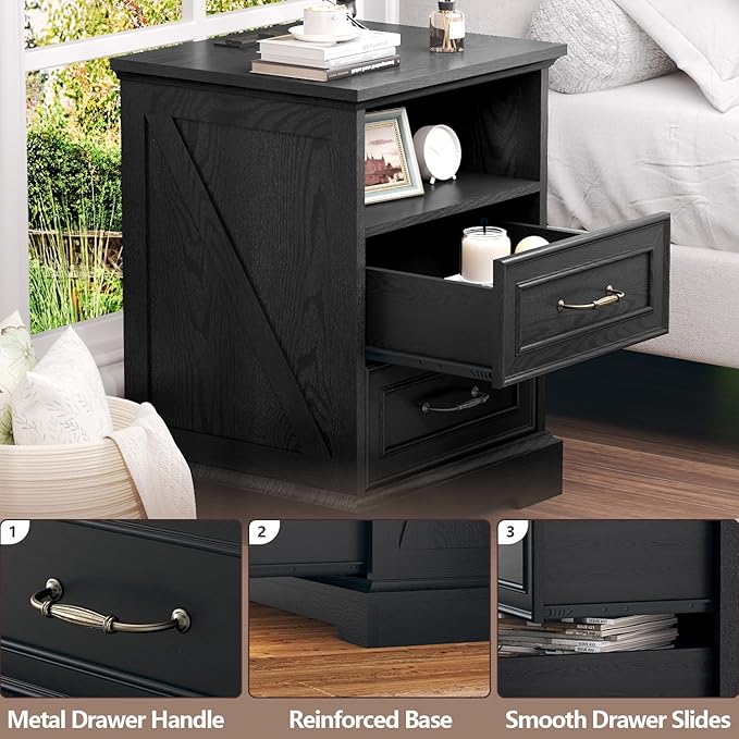 Nightstand with Charging Station Set of 2,18" Wide End Table with 2 Large Drawers & Metal Handles,Farmhouse Wood Small Dresser,Bedside Table,Modern Chest of Drawers for Bedroom,Living Room,Black