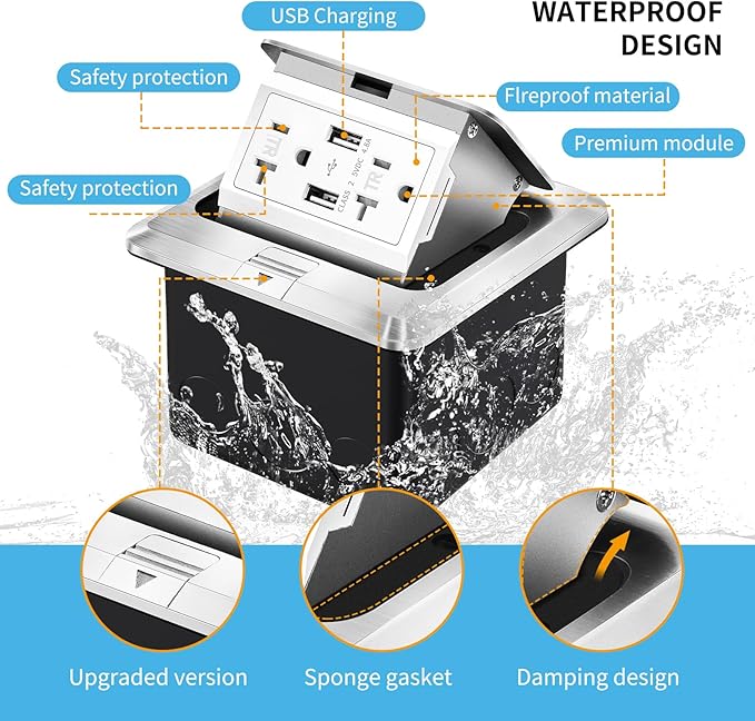 Vagueior Recessed Floor Electrical Outlet Kit,Waterproof Electrical Outlet Covcer Box,Hidden 4.8A USB+20A Tamper-Resistant Receptacle Outlet with Slow Elastic Damping ，ETL Certified,Silver (2 Pack)