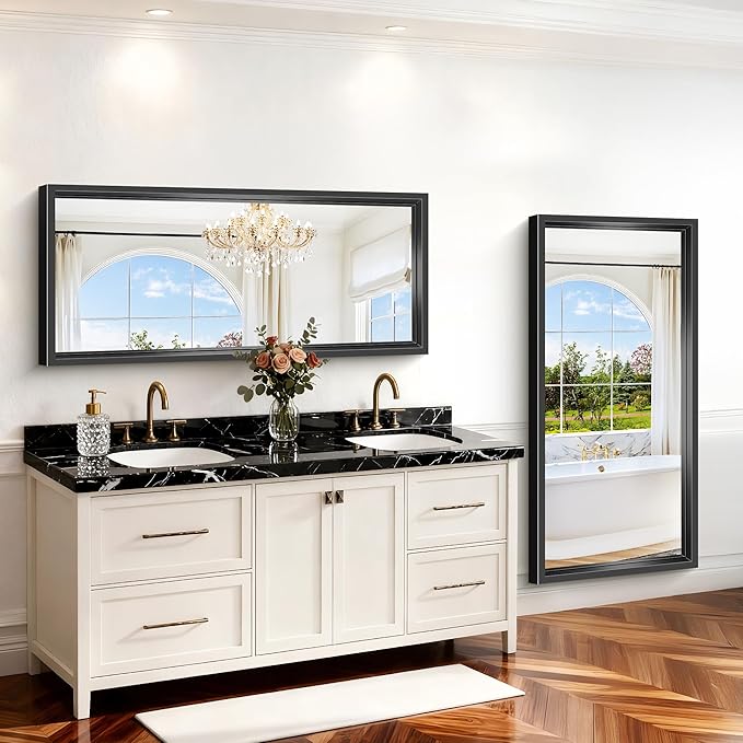 Black Bathroom Mirror, 28x60 Inch Large Rectangle Mirror, 0.6" Thickened Deep Frame Mirrors for Wall Over Sink, Shatterproof Tempered Glass, Brushed, Antirust, Horizontally or Vertically
