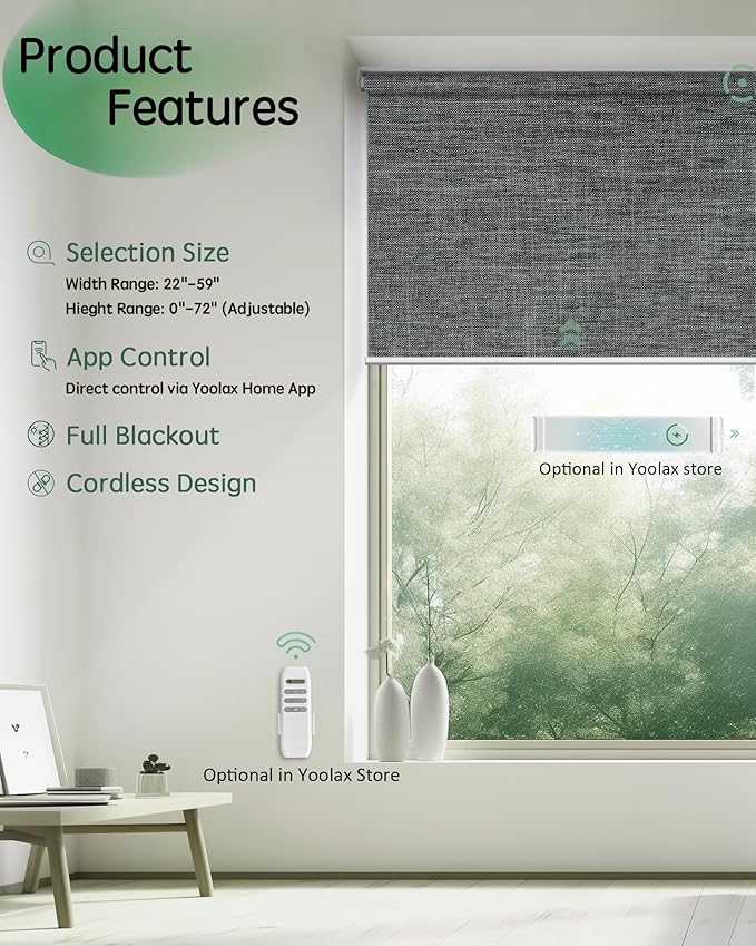 Yoolax Motorized Blinds App Control, Blackout Roller Shades for Windows, Cordless Automatic Shades Roller Window Blinds for Bedroom Living Room Office (Blackout Ashfall Gray, 47" W x 72" H)