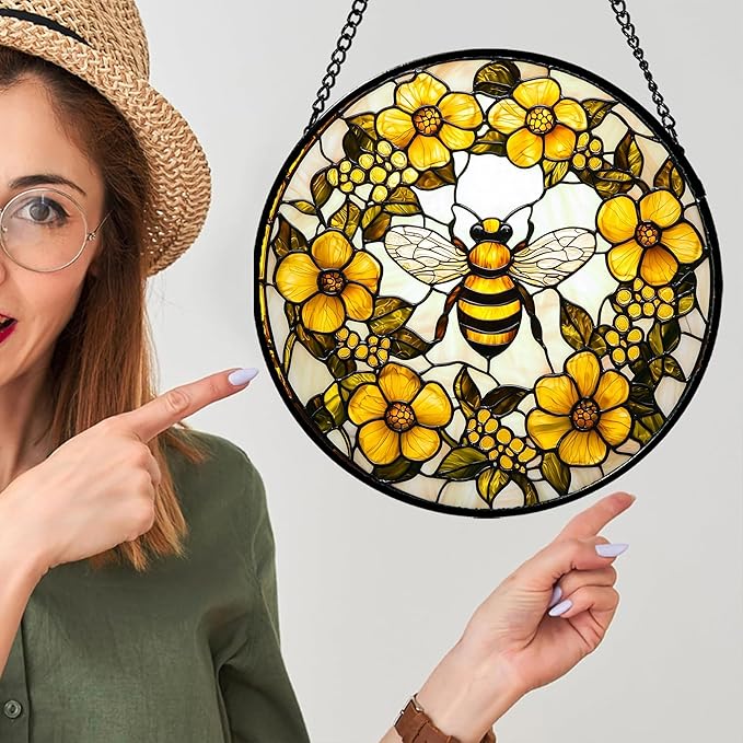 AMDERVEN Stained Glass Window Hanging - Yellow Flowers Surrounded by Bees Sun Catcher for Door Garden Home Decor Cute Suncatcher Christmas Mother's Day Birthday Gifts for Women Men Mom Nana 15 in
