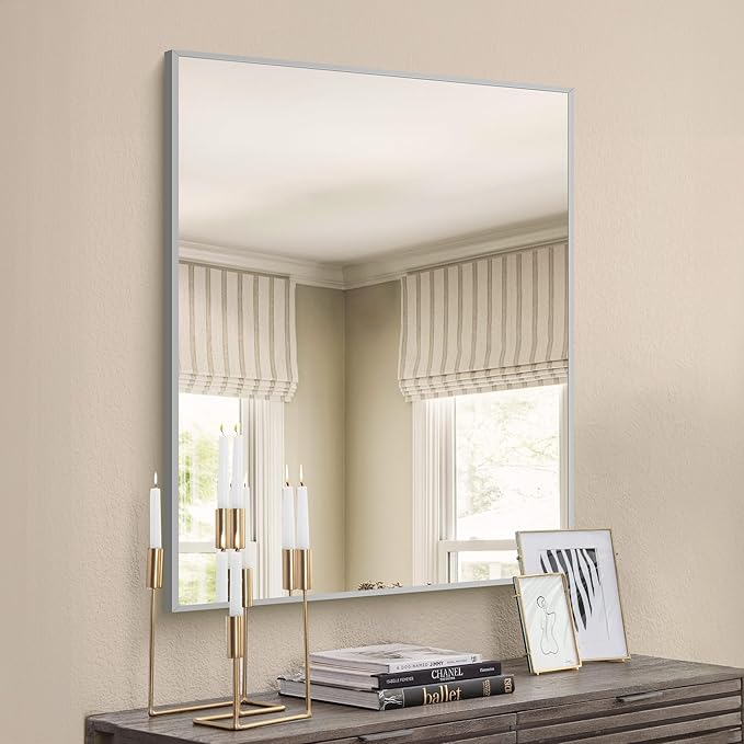 30x40In Silver Bathroom Mirror for Wall, Brushed Nickel Rectangle Mirrors with Metal Frame, Bathroom Rectangular Mirror Modern Wall Mirror for Bedroom Living Room, Hangs Horizontal or Vertical