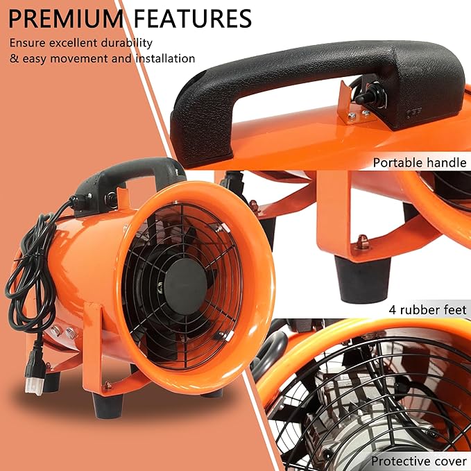 FICBXRA Utility Blower Fan 8 Inch Portable Axial Exhaust Fan 230W/2A 900CFM High Velocity Ventilator with 16FT Duct Hose for Exhausting & Ventilating at Home and Job Site