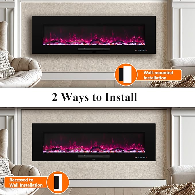 42" Electric Fireplace Inserts, Recessed & Wall Mounted Fireplace Heater Colorful Flame &Fuel, Remote Control Setting Dimer, Thermostat &Timer, Plug in &Hard-Wire Option, 750W/1500W, Black