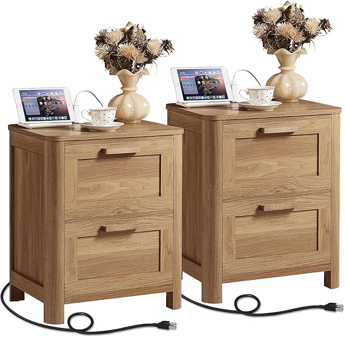Joaxswe Farmhouse Nightstand Set of 2 with Charging Station, End Tables Bedroom with 2 Large Drawers & 4 Thickened Table Legs, Dark Wood