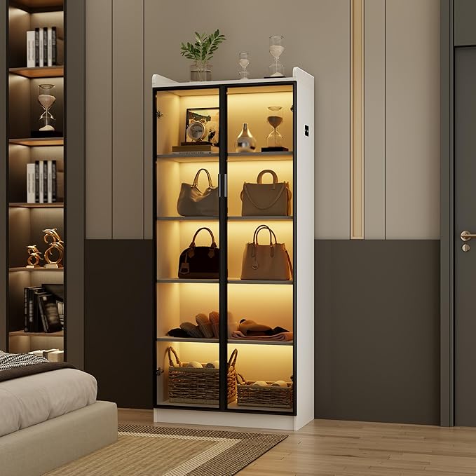 Dystler Display Cabinet with Doors and Adjustable Shelves, 65" Tall Bookcase with LED Lights/Human Sensor, 5 Tier Display Case for Collectibles Bedroom Living Room Office, White