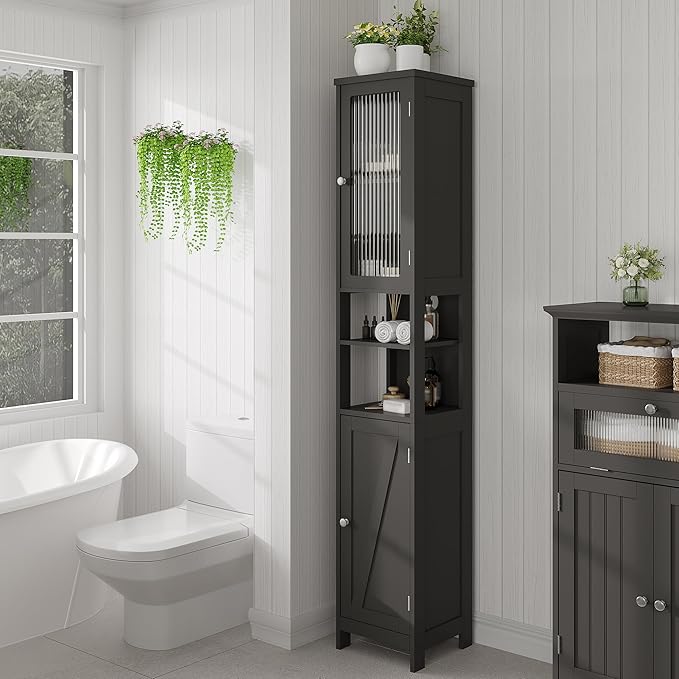 ChooChoo Tall Bathroom Storage Cabinet with Light，5-Tier Narrow Bathroom Cabinet with 2 Doors, Slim Storage Linen Cabinet Freestanding with Adjustable Shelves for Space Saving, Black