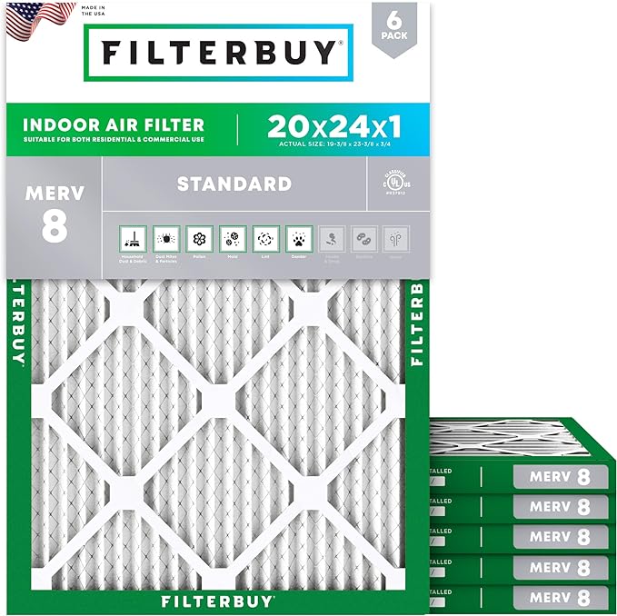 Filterbuy 20x24x1 Air Filter MERV 8 Essential Dust & Allergy Defense, by Filterbuy